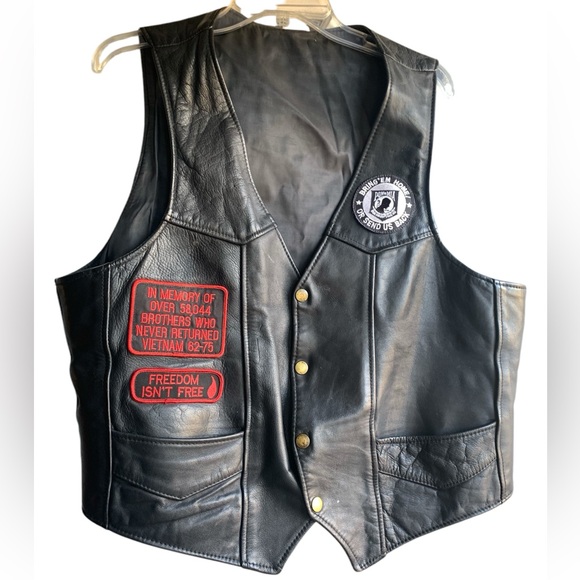 unbranded Other - Vintage Mens Black Leather Snap Vest Vietnam War Patches Memorial Prisoner War